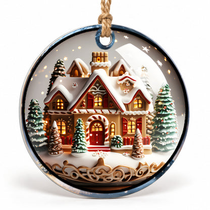 Gingerbread House Flat Sublimation Ornament – Design 20 shown as a flat round ornament with drilled hole and jute hanging cord