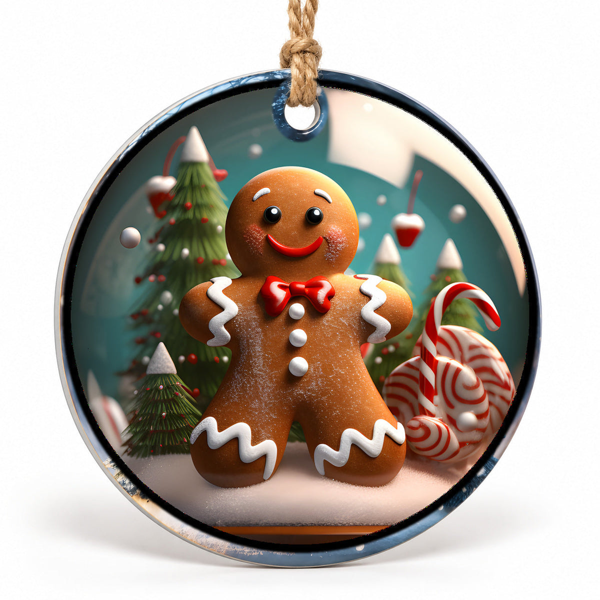 Gingerbread Man and Candy Cane Flat Sublimation Ornament – Design 21 shown as a flat round ornament with drilled hole and jute hanging cord