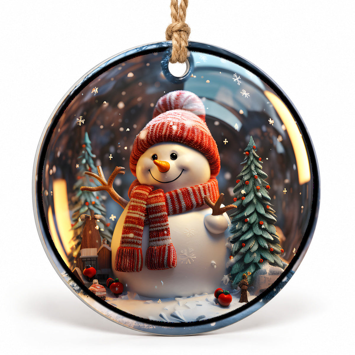 Cozy Snowman Flat Sublimation Ornament – Design 22 shown as a flat round ornament with drilled hole and jute hanging cord