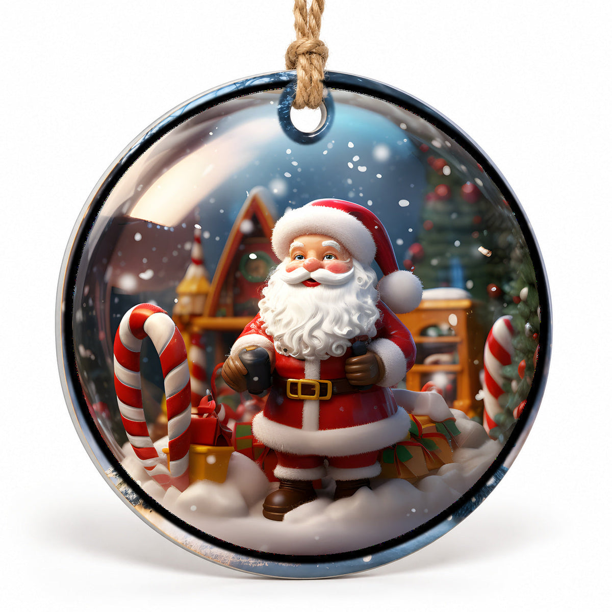 Santa with Candy Cane Flat Sublimation Ornament – Design 24 shown as a flat round ornament with drilled hole and jute hanging cord