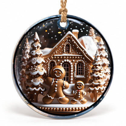Gingerbread Family House Flat Sublimation Ornament – Design 25 shown as a flat round ornament with drilled hole and jute hanging cord
