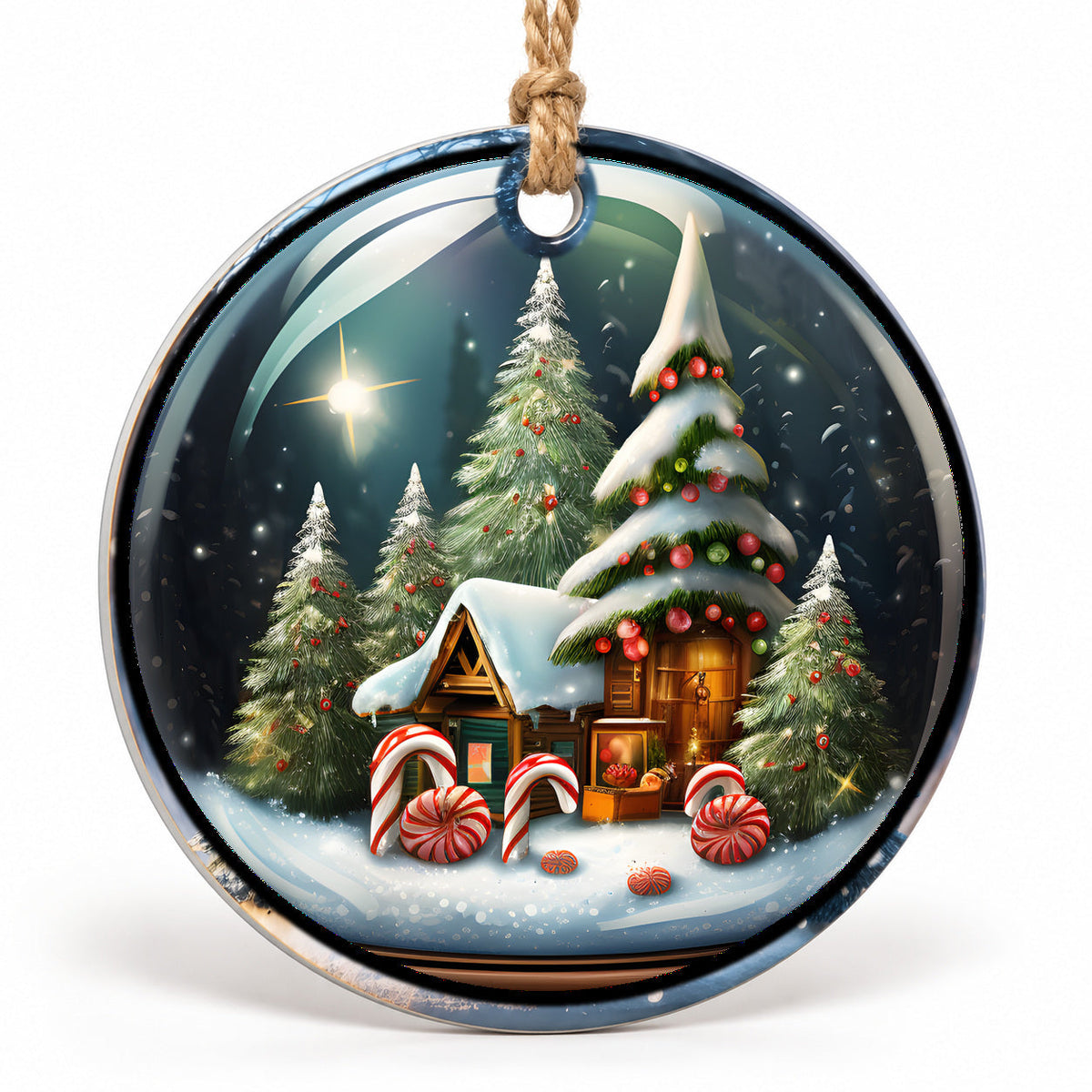 Christmas Cabin Flat Sublimation Ornament – Design 26 shown as a flat round ornament with drilled hole and jute hanging cord
