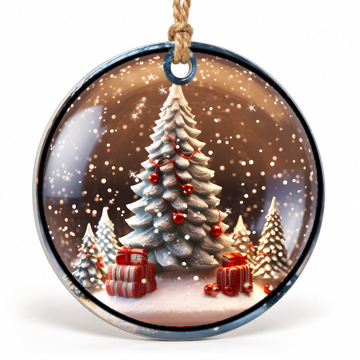 Christmas Tree and Presents Flat Sublimation Ornament – Design 27 shown as a flat round ornament with drilled hole and jute hanging cord