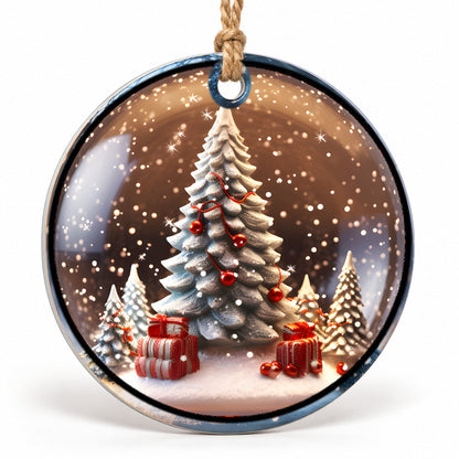 Christmas Tree and Presents Flat Sublimation Ornament – Design 27 shown as a flat round ornament with drilled hole and jute hanging cord