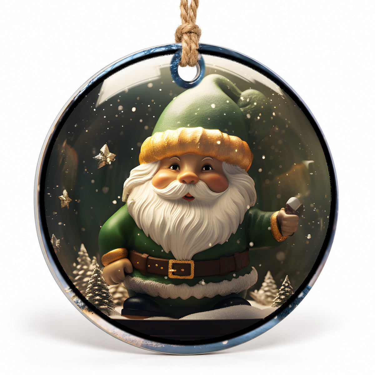 Green Christmas Gnome Flat Sublimation Ornament – Design 28 shown as a flat round ornament with drilled hole and jute hanging cord