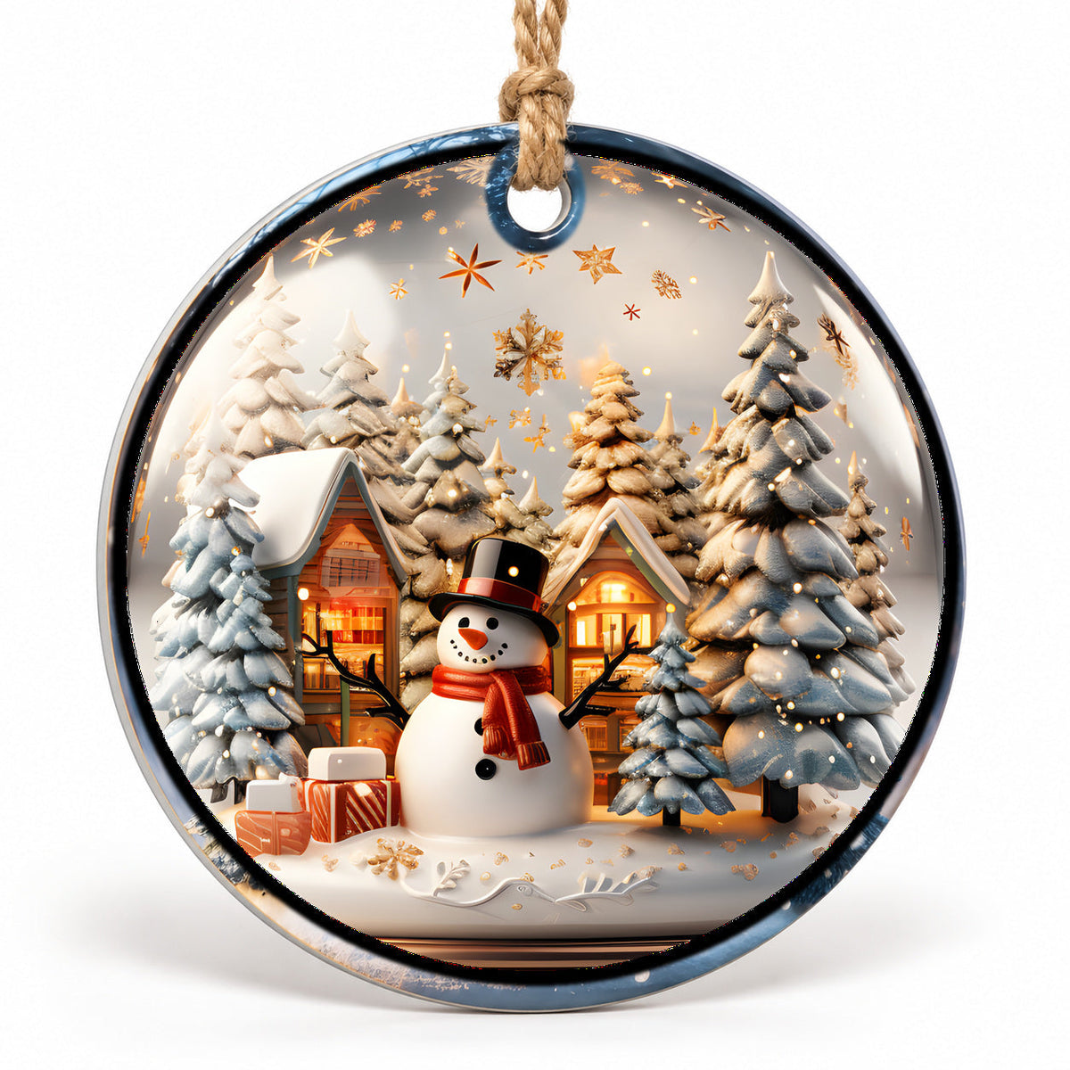 Snowman Village Flat Sublimation Ornament – Design 29 shown as a flat round ornament with drilled hole and jute hanging cord