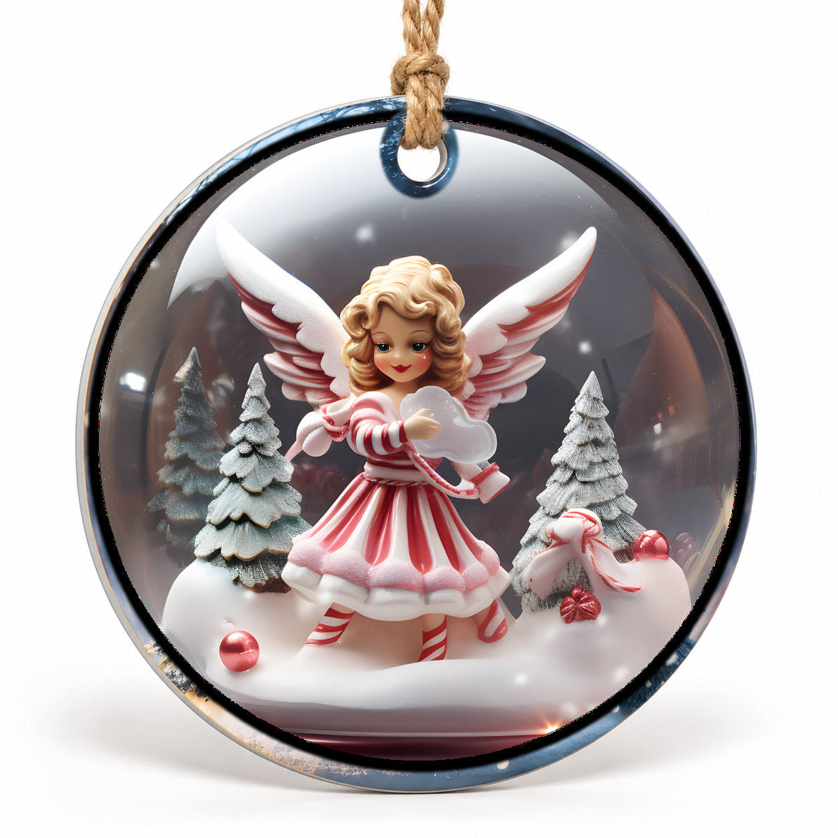 Pink Winter Angel Flat Sublimation Ornament – Design 31 shown as a flat round ornament with drilled hole and jute hanging cord