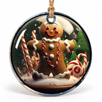 Gingerbread Couple Flat Sublimation Ornament – Design 32 shown as a flat round ornament with drilled hole and jute hanging cord