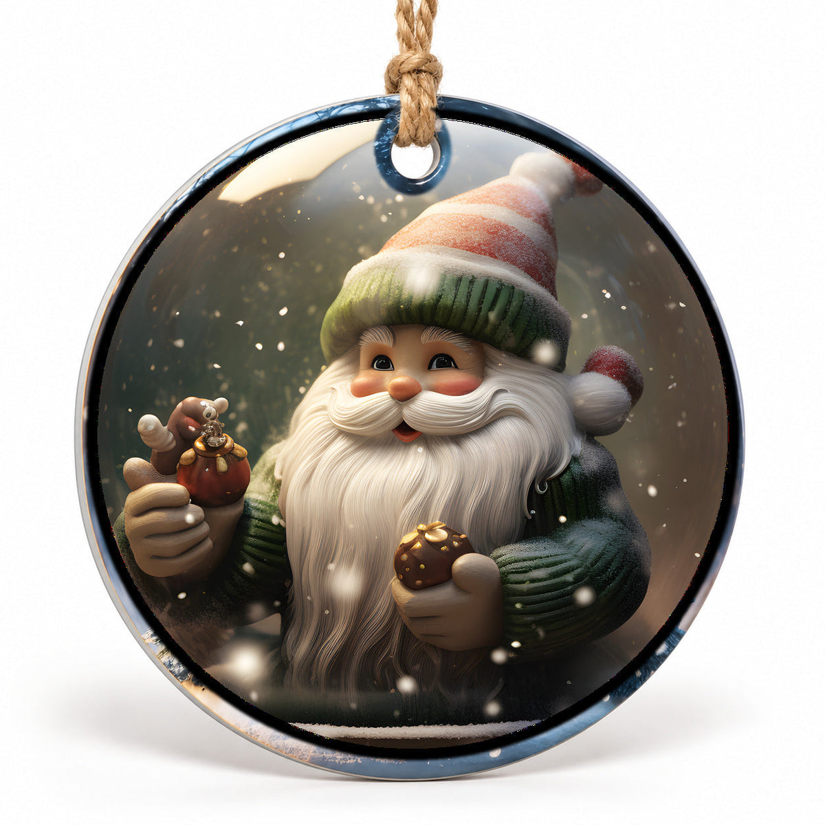 Green Winter Gnome Flat Sublimation Ornament – Design 33 shown as a flat round ornament with drilled hole and jute hanging cord