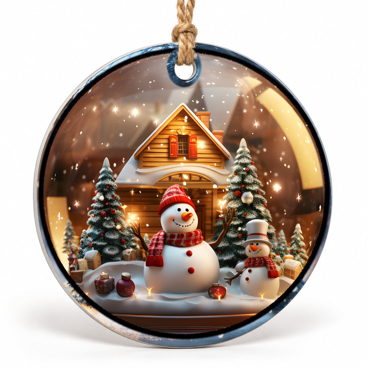 Snowman Cottage Flat Sublimation Ornament – Design 35 shown as a flat round ornament with drilled hole and jute hanging cord