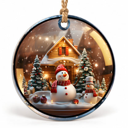 Snowman Cottage Flat Sublimation Ornament – Design 35 shown as a flat round ornament with drilled hole and jute hanging cord