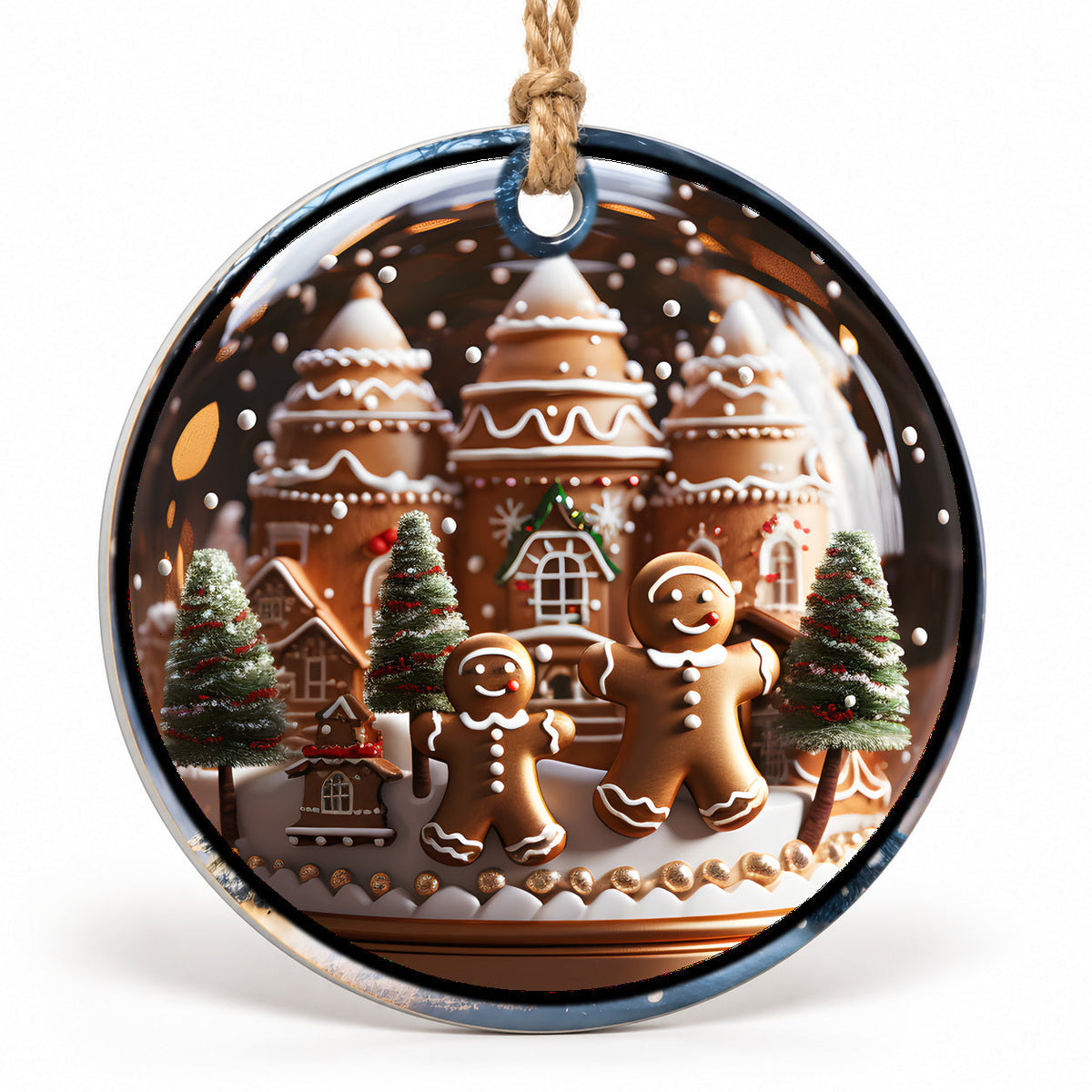 Gingerbread Castle Flat Sublimation Ornament – Design 36 shown as a flat round ornament with drilled hole and jute hanging cord