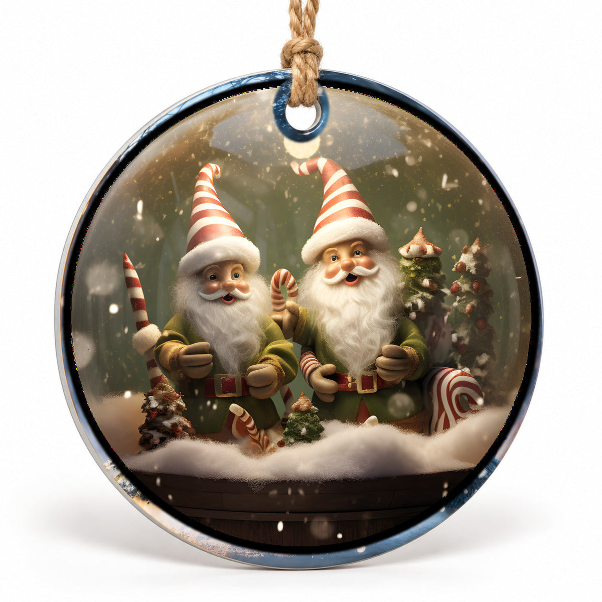 Christmas Gnome Couple Flat Sublimation Ornament – Design 37 shown as a flat round ornament with drilled hole and jute hanging cord