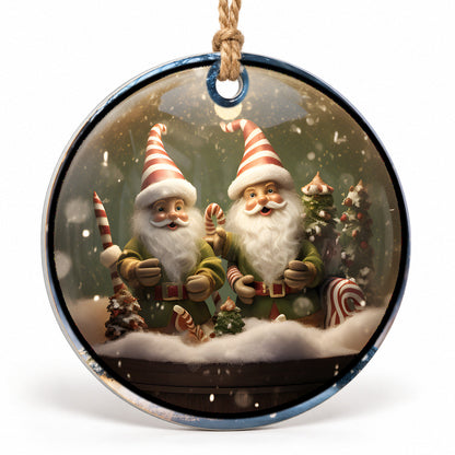 Christmas Gnome Couple Flat Sublimation Ornament – Design 37 shown as a flat round ornament with drilled hole and jute hanging cord