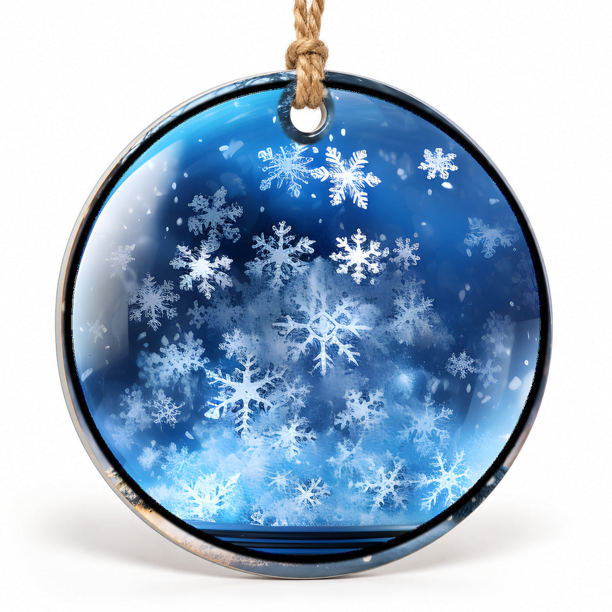 Blue Snowflake Field Flat Sublimation Ornament – Design 38 shown as a flat round ornament with drilled hole and jute hanging cord