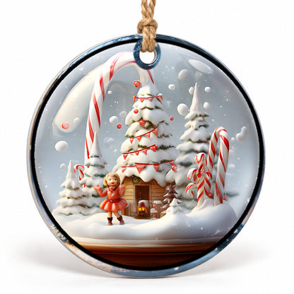 Candy Cane Winter Village Flat Sublimation Ornament – Design 39 shown as a flat round ornament with drilled hole and jute hanging cord