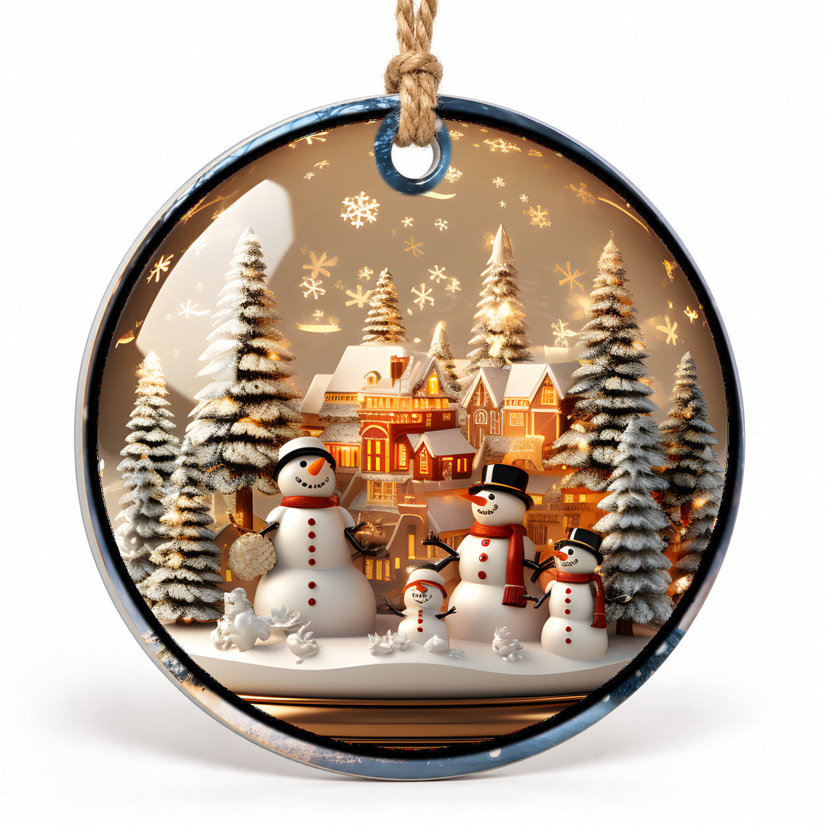 Snowman Winter Village Flat Sublimation Ornament – Design 40 shown as a flat round ornament with drilled hole and jute hanging cord