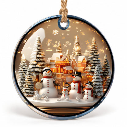 Snowman Winter Village Flat Sublimation Ornament – Design 40 shown as a flat round ornament with drilled hole and jute hanging cord