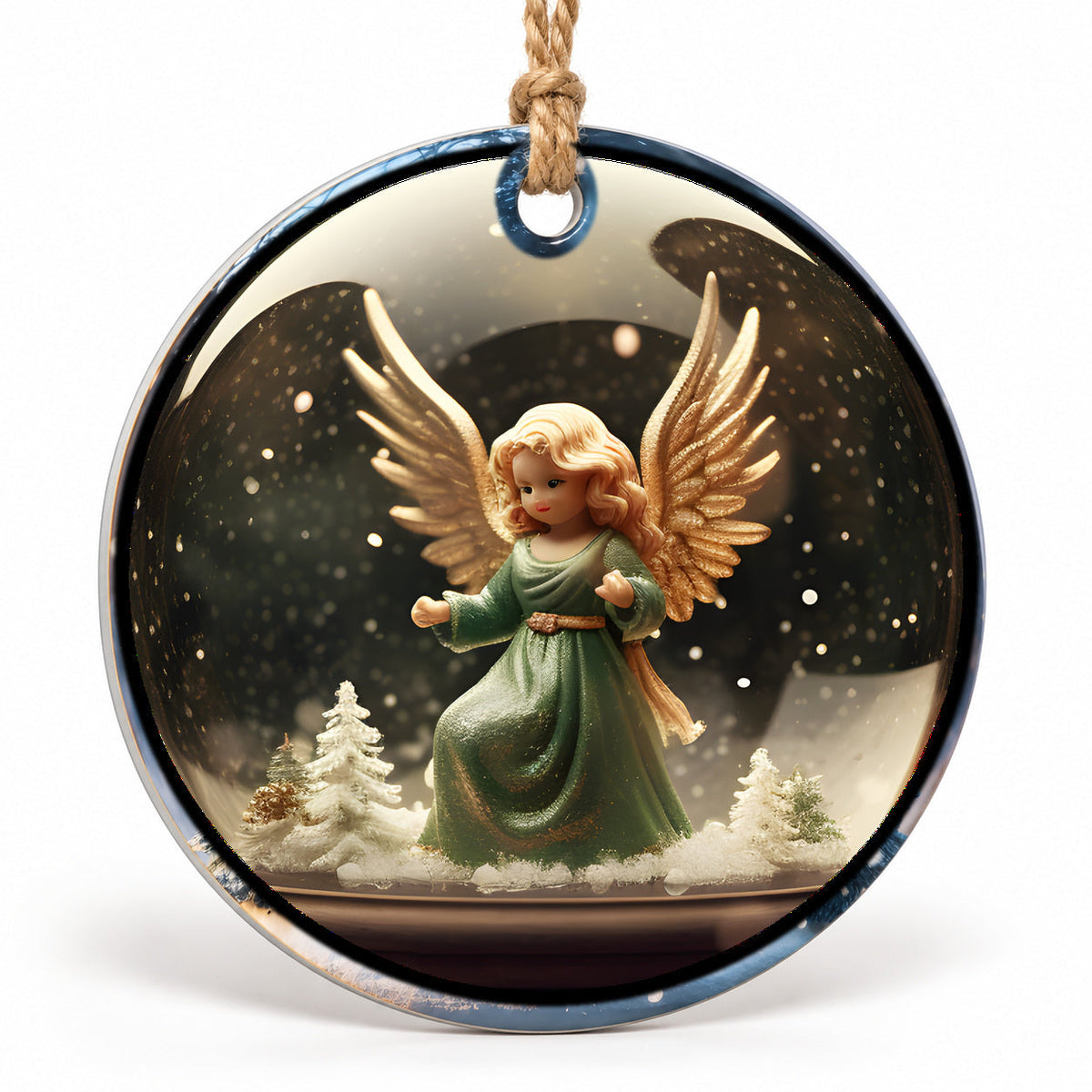 Green Winter Angel Flat Sublimation Ornament – Design 43 shown as a flat round ornament with drilled hole and jute hanging cord