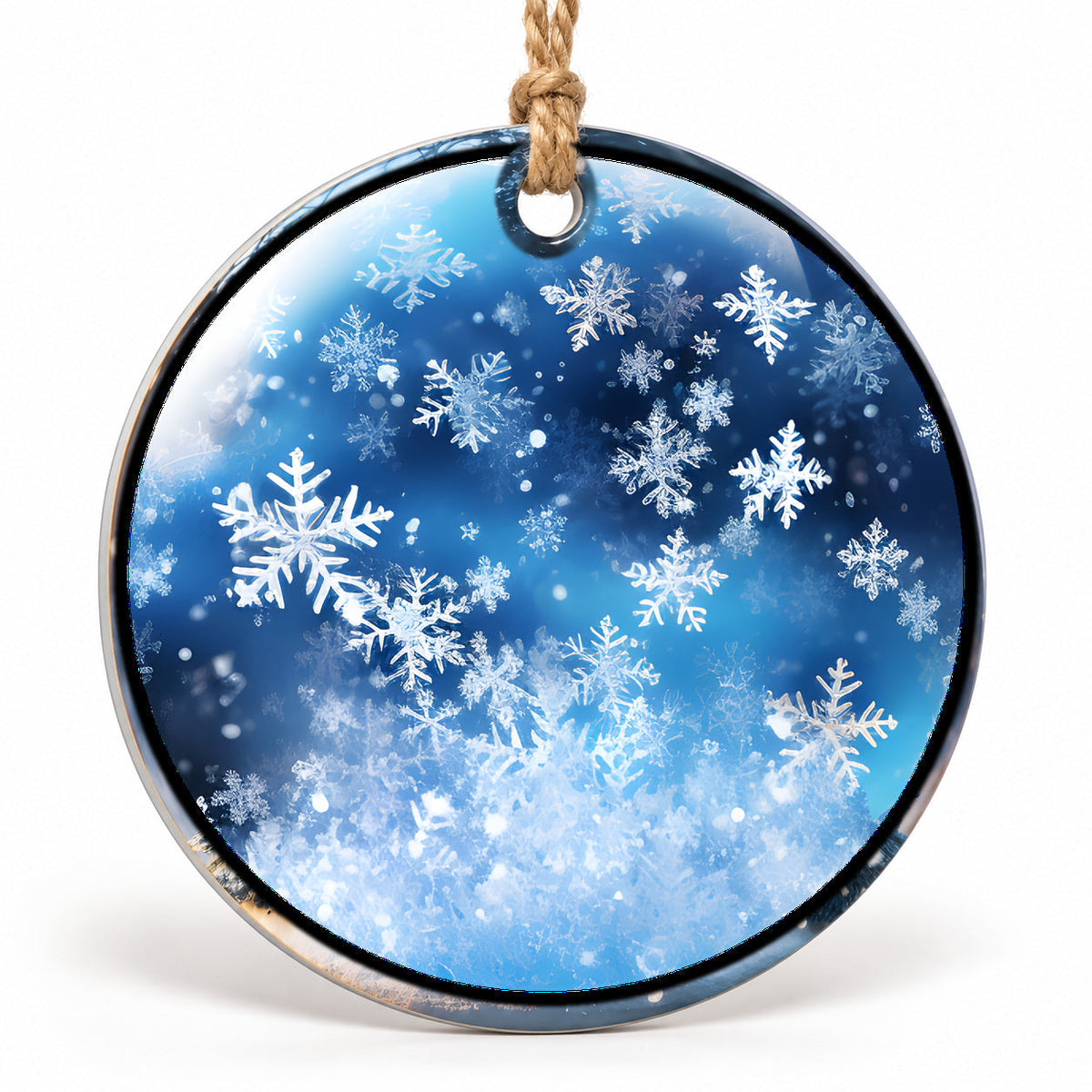 Blue Snowflakes Flat Sublimation Ornament – Design 46 shown as a flat round ornament with drilled hole and jute hanging cord