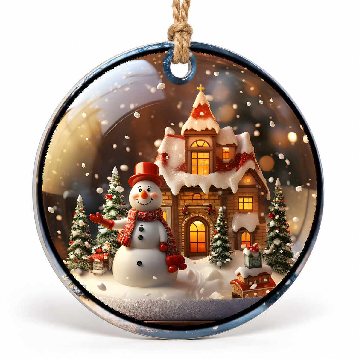 Snowman Christmas Cottage Flat Sublimation Ornament – Design 47 shown as a flat round ornament with drilled hole and jute hanging cord