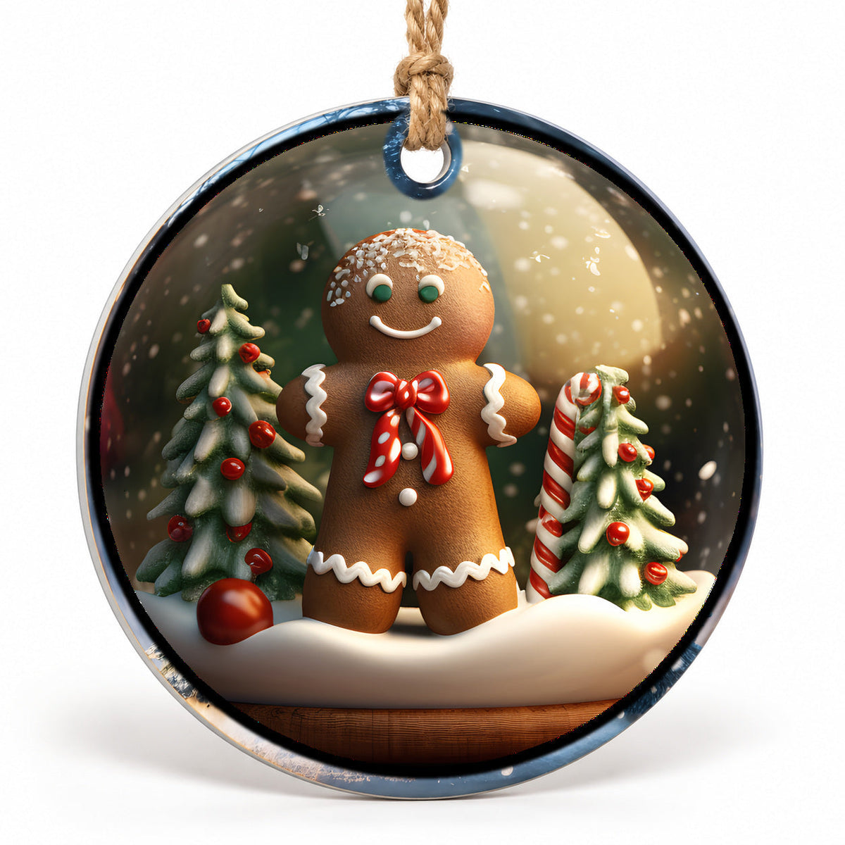 Gingerbread Man in Snow Flat Sublimation Ornament – Design 48 shown as a flat round ornament with drilled hole and jute hanging cord
