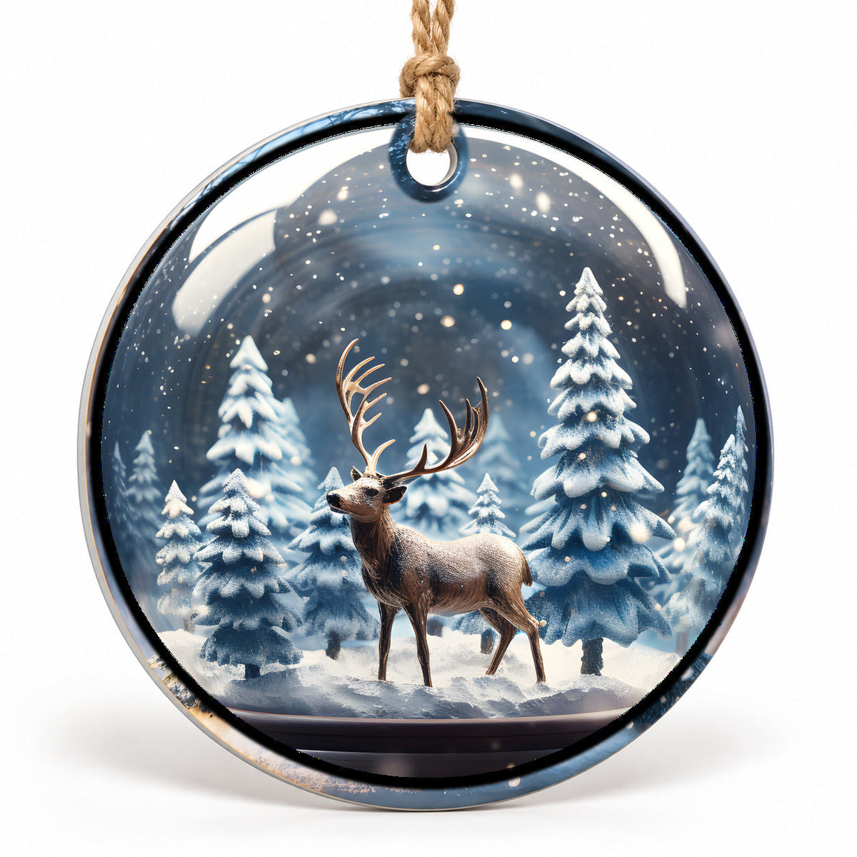 Winter Elk Flat Sublimation Ornament – Design 50 shown as a flat round ornament with drilled hole and jute hanging cord