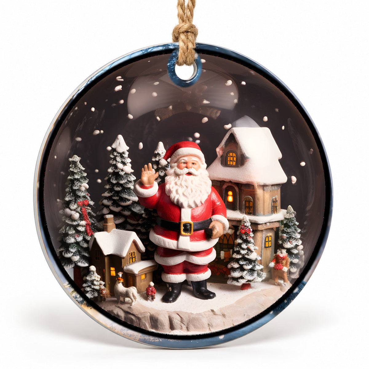 Santa Village Flat Sublimation Ornament – Design 51 shown as a flat round ornament with drilled hole and jute hanging cord
