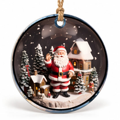 Santa Village Flat Sublimation Ornament – Design 51 shown as a flat round ornament with drilled hole and jute hanging cord