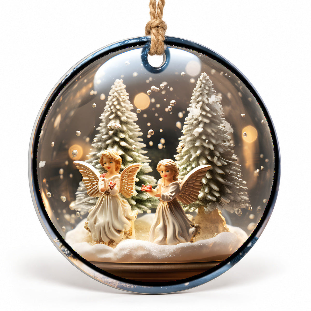 Winter Angels Flat Sublimation Ornament – Design 54 shown as a flat round ornament with drilled hole and jute hanging cord