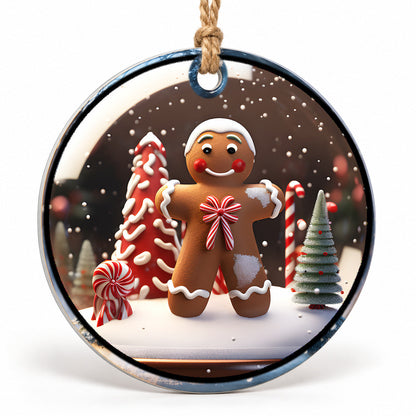 Gingerbread Girl with Candy Canes Flat Sublimation Ornament – Design 55 shown as a flat round ornament with drilled hole and jute hanging cord