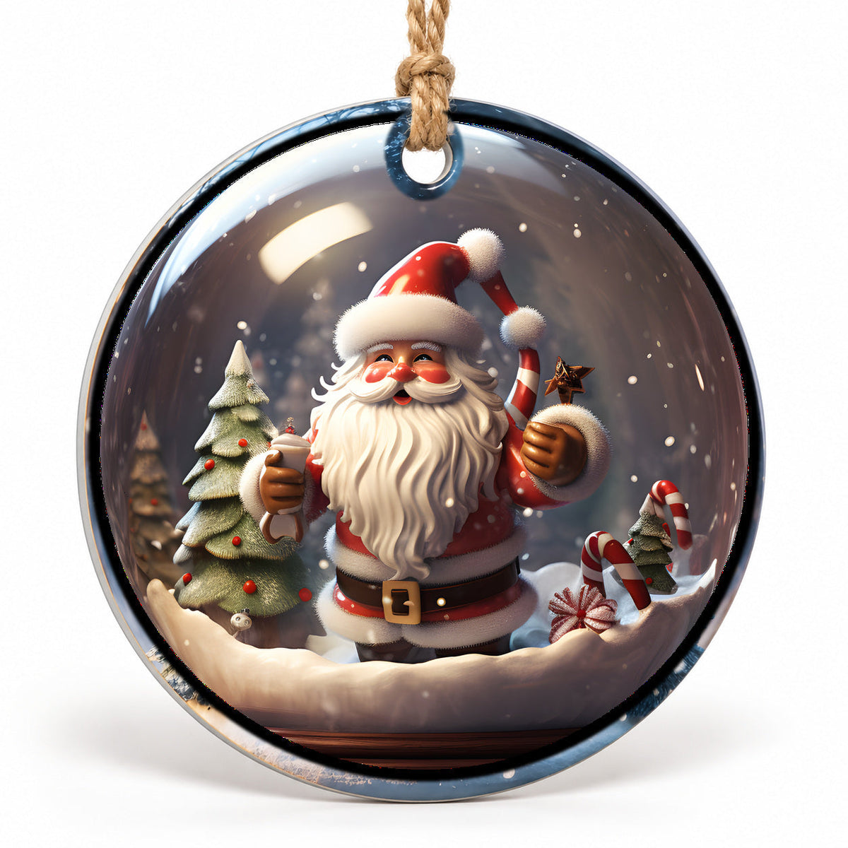 Santa Snow Globe Flat Sublimation Ornament – Design 57 shown as a flat round ornament with drilled hole and jute hanging cord