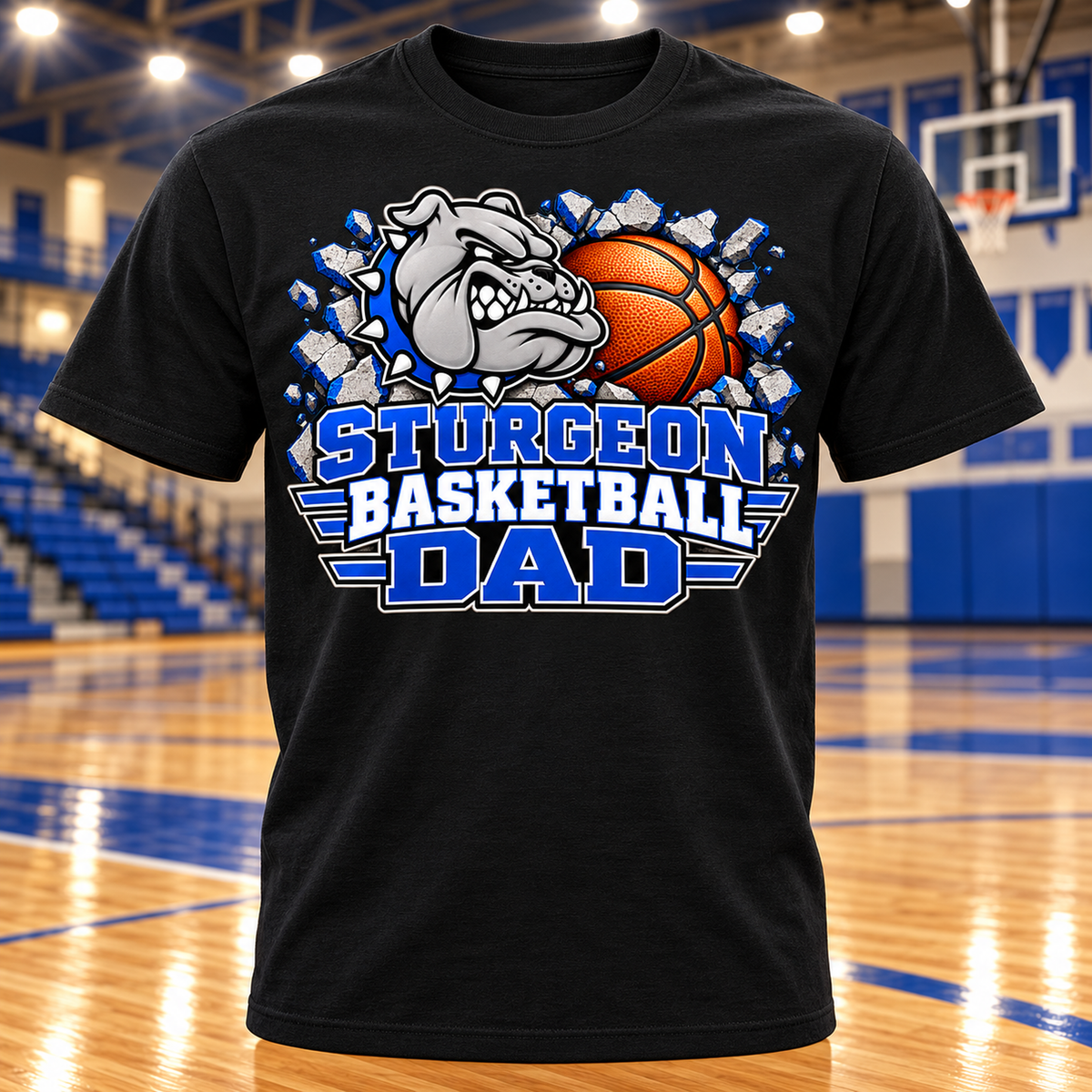 Sturgeon Bulldogs Basketball Dad T-Shirt with basketball gym background