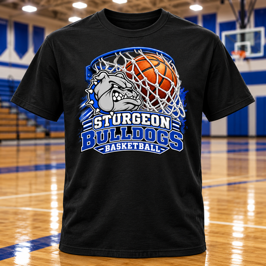 Sturgeon Bulldogs Basketball Fan T-Shirt with basketball gym background