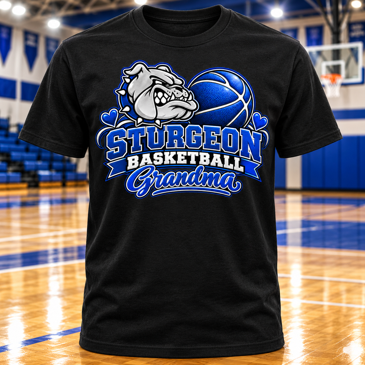 Sturgeon Bulldogs Basketball Grandma T-Shirt with basketball gym background