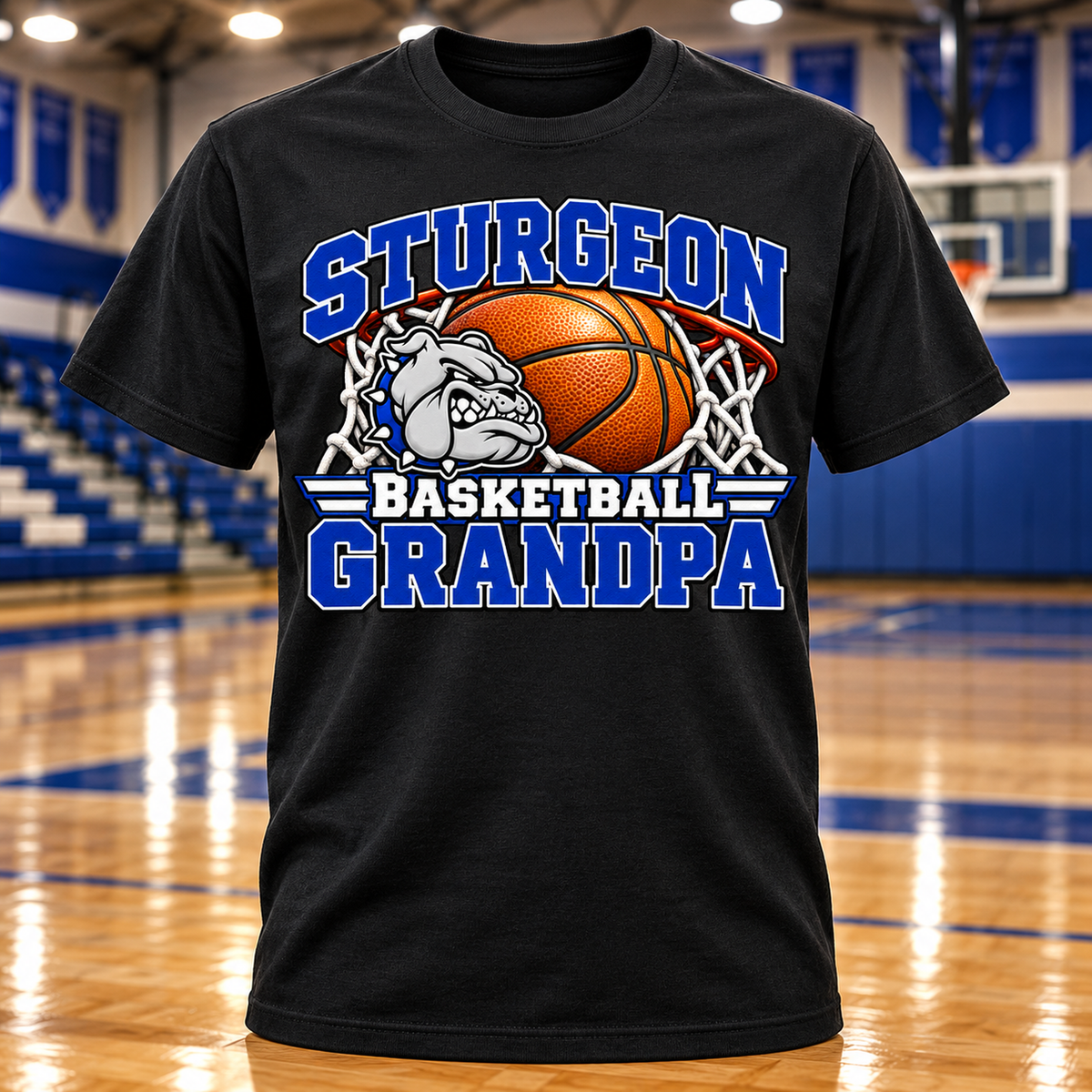 Sturgeon Bulldogs Basketball Grandpa T-Shirt with basketball gym background