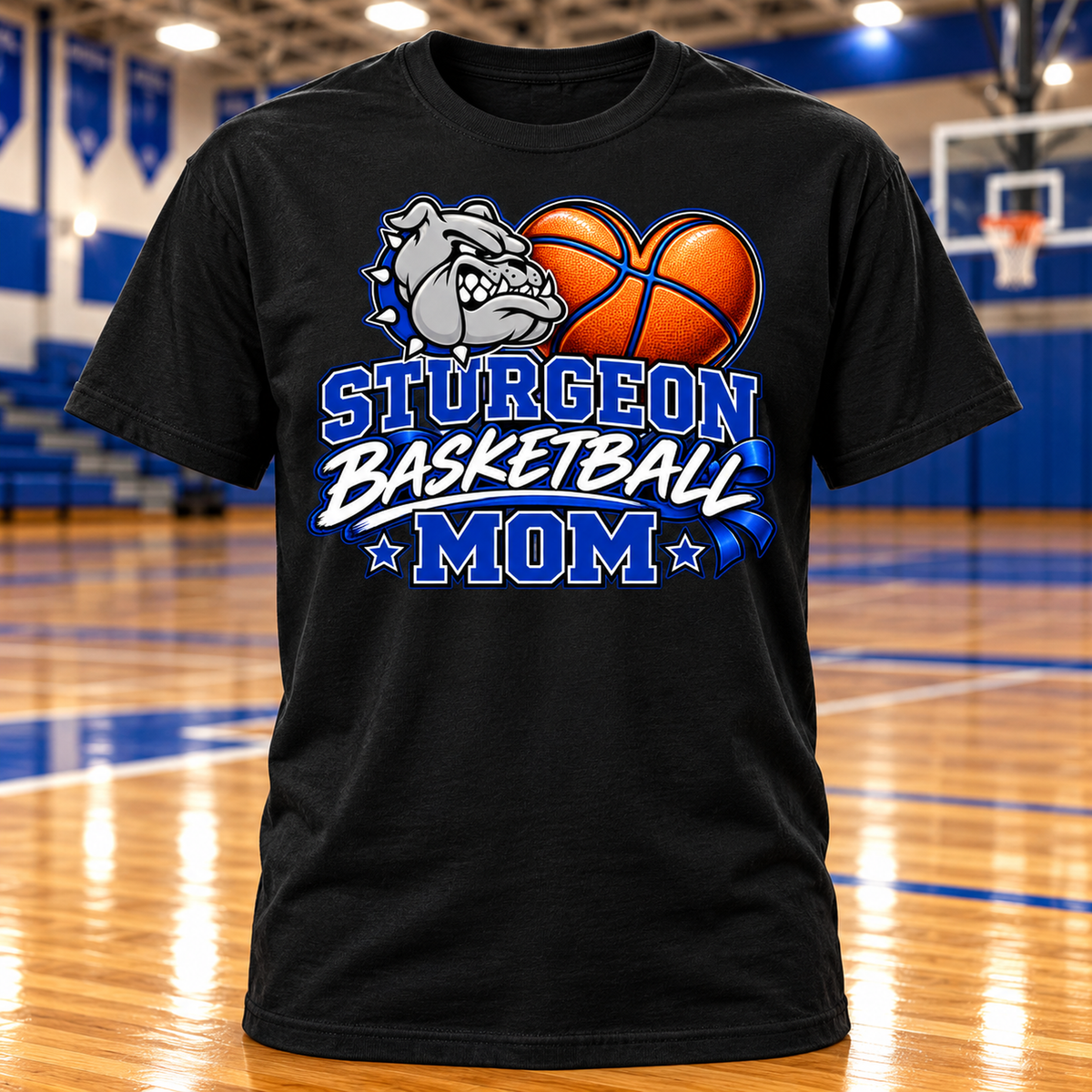 Sturgeon Bulldogs Basketball Mom T-Shirt with basketball gym background