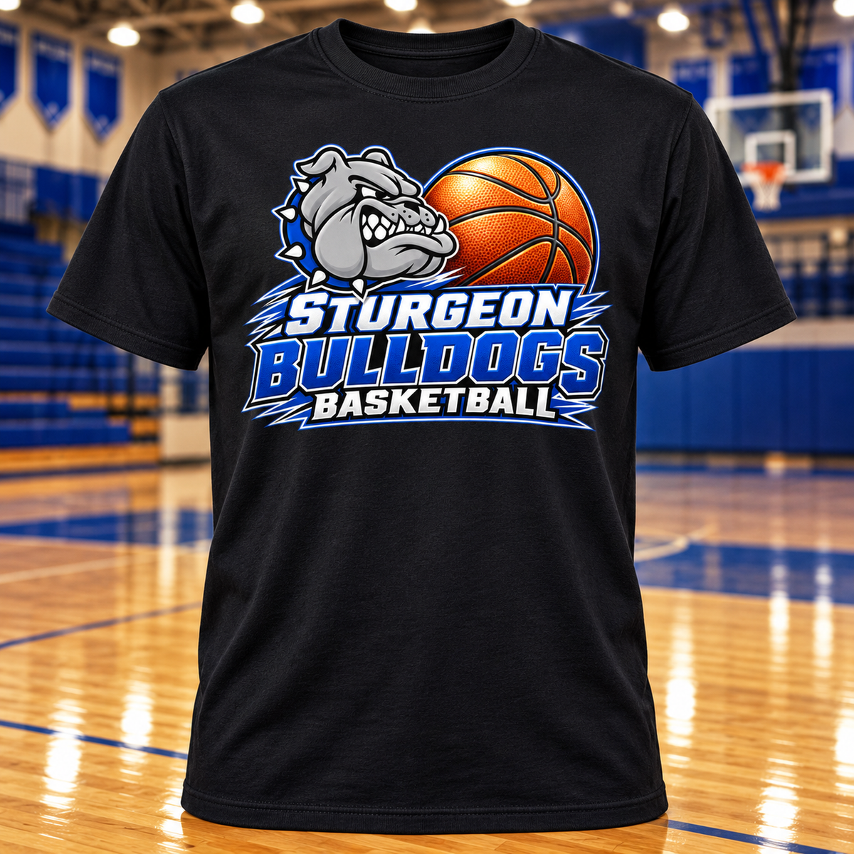 Sturgeon Bulldogs Basketball Athletic T-Shirt with basketball gym background
