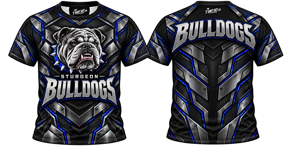 Blackout Metal Sturgeon Bulldogs all-over-print shirt front and back