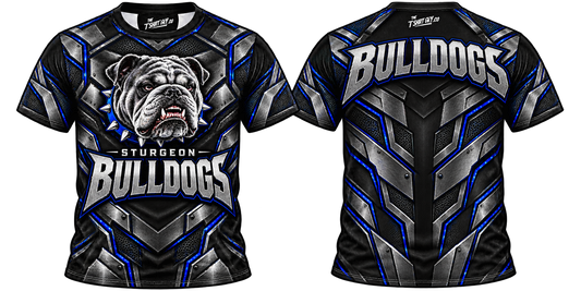Blackout Metal Sturgeon Bulldogs all-over-print shirt front and back