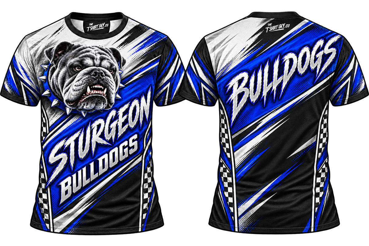 Sturgeon Bulldogs diagonal race all-over-print shirt front and back