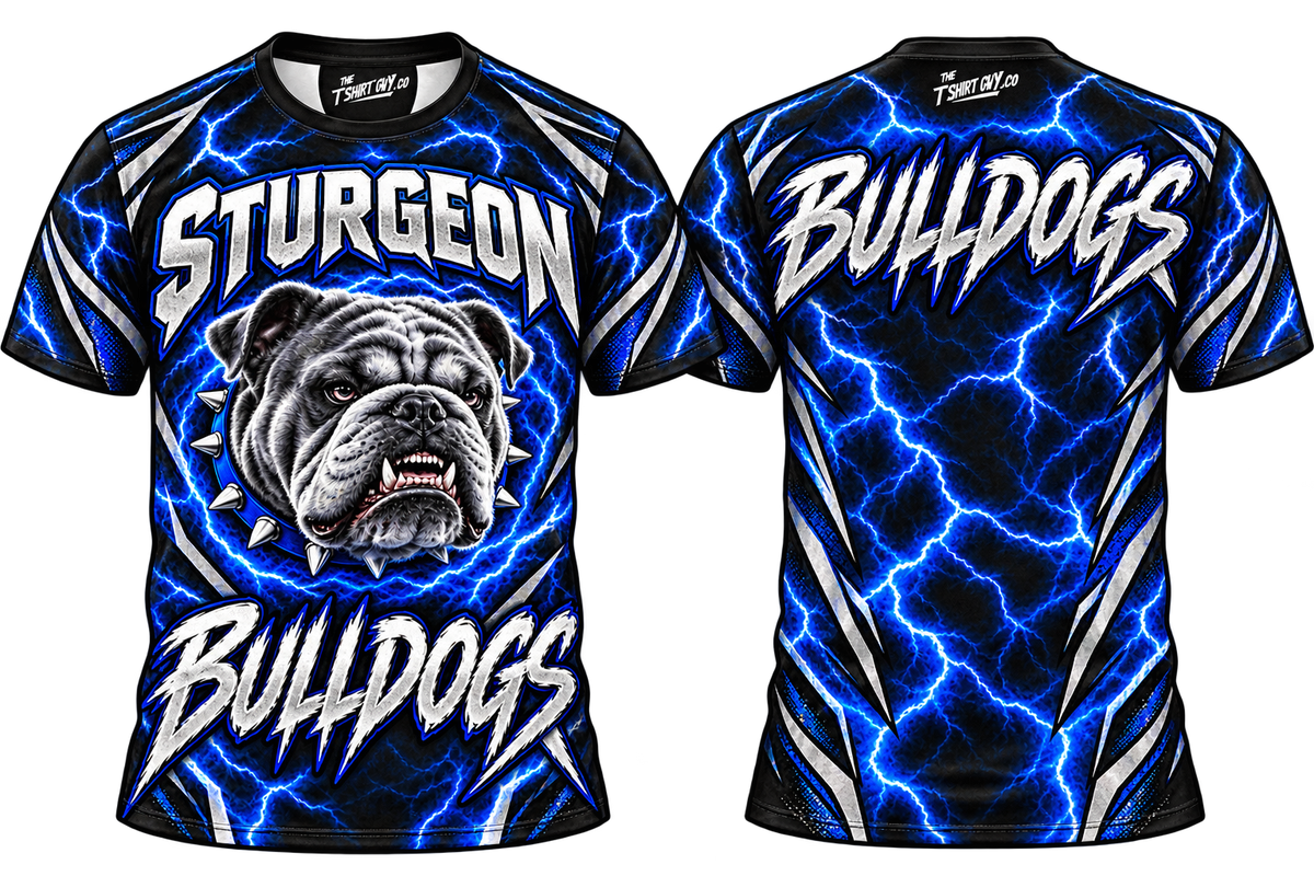 Electric Storm Sturgeon Bulldogs all-over-print shirt front and back