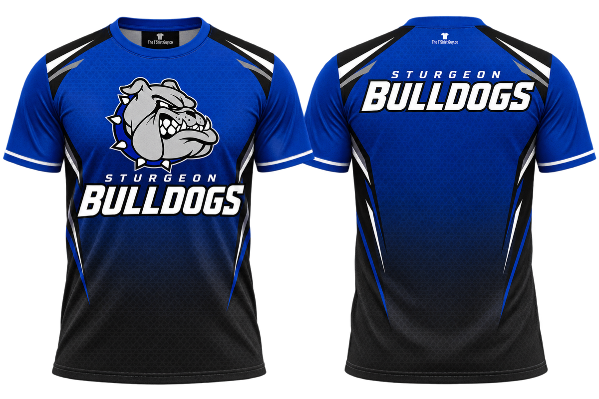 Modern Sturgeon Bulldogs all-over-print spiritwear shirt front and back