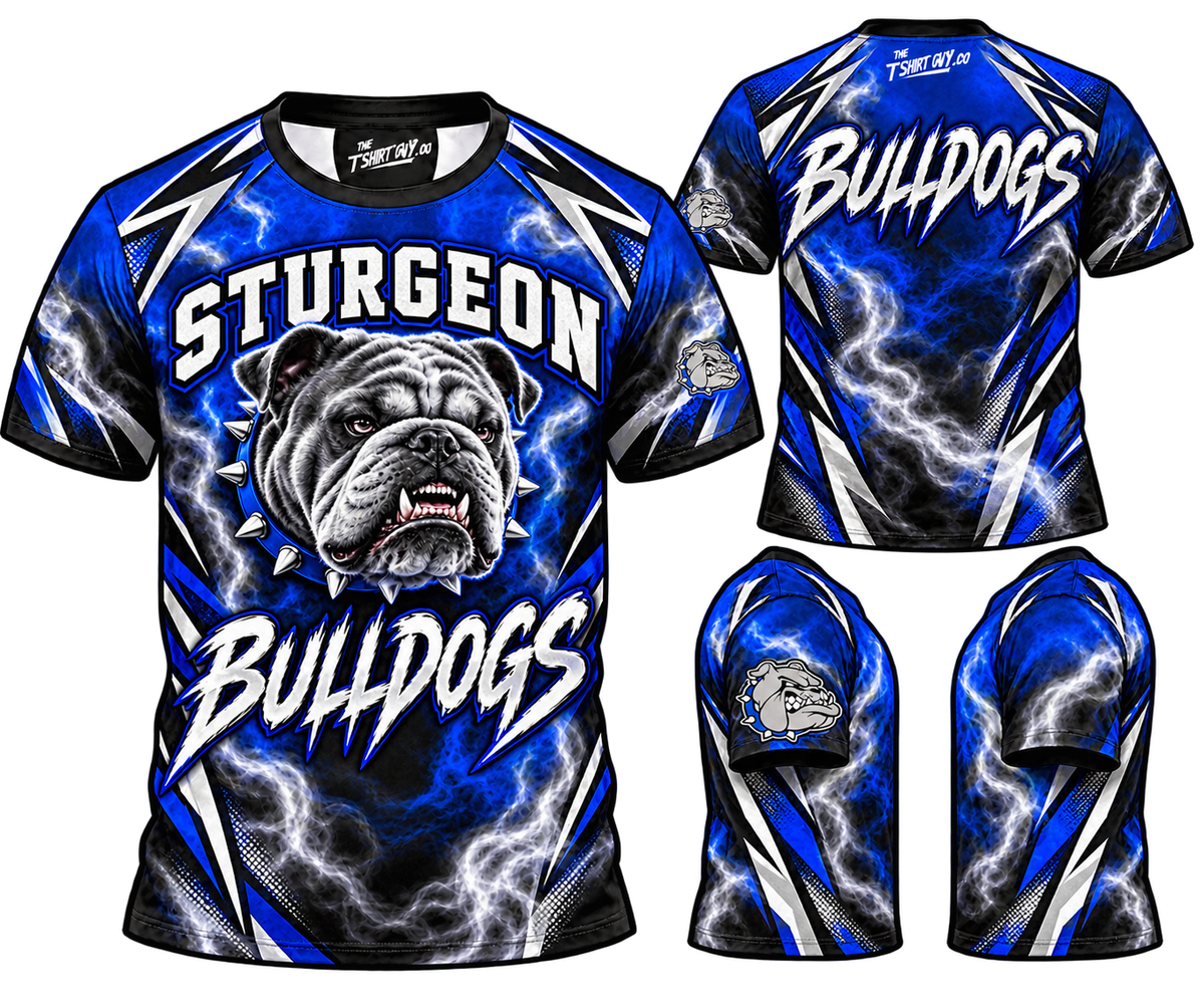 Royal Blue Smoke Sturgeon Bulldogs all-over-print shirt front and back