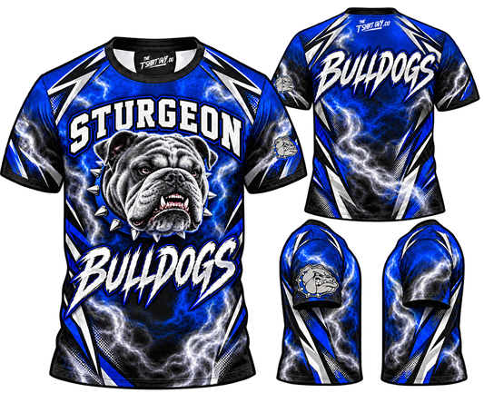 Royal Blue Smoke Sturgeon Bulldogs all-over-print shirt front and back