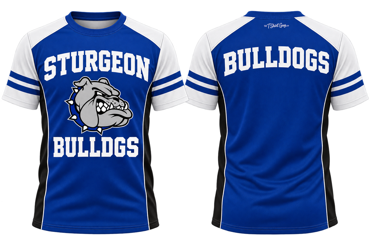 Traditional Sturgeon Bulldogs all-over-print shirt front and back