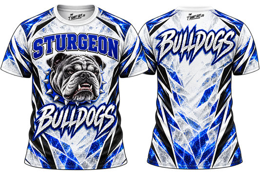 White Ice Sturgeon Bulldogs all-over-print shirt front and back