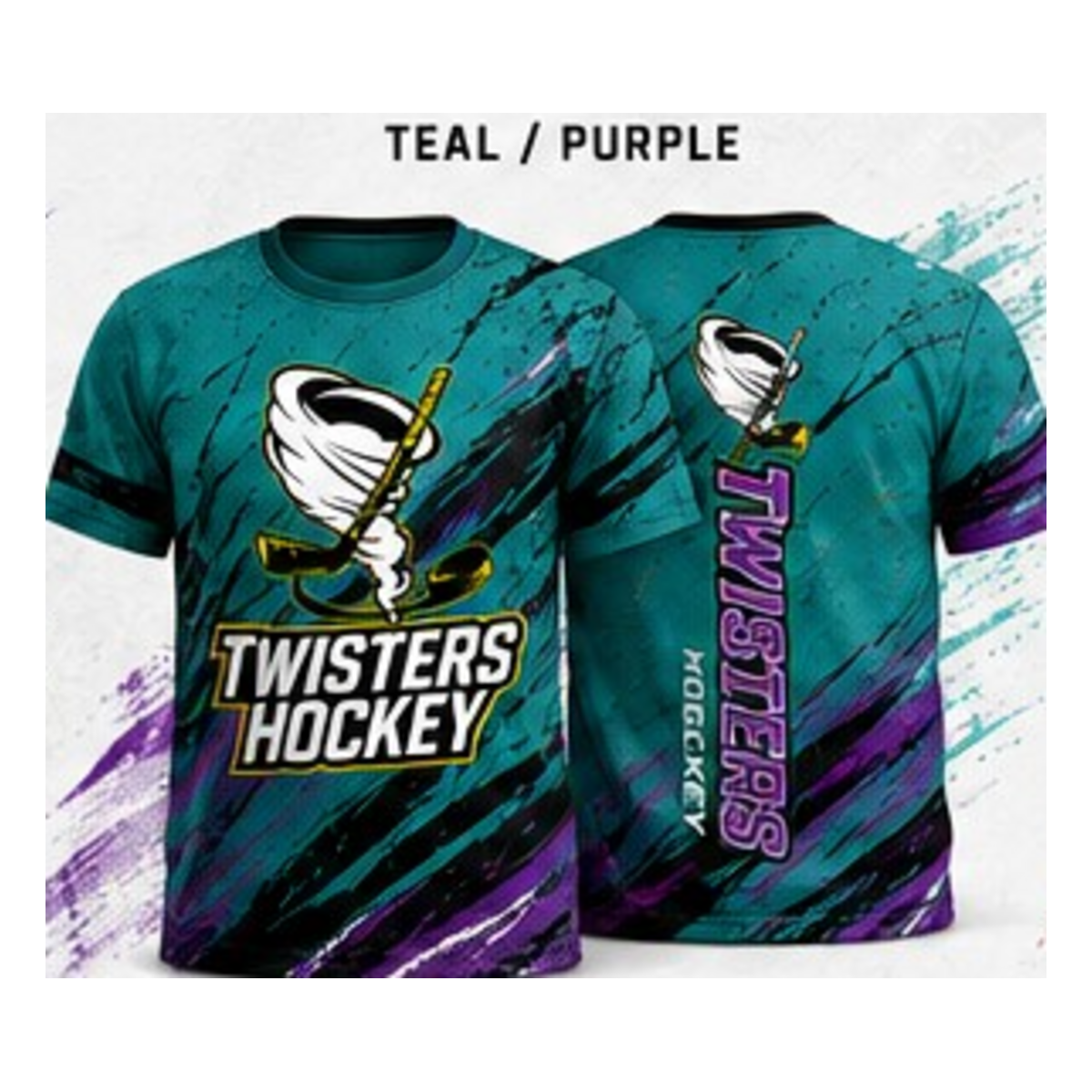 Twisters Teal / Purple performance T-shirt front and back