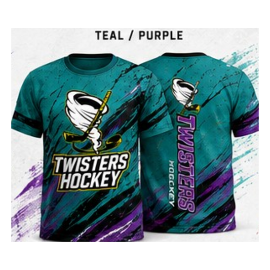 Twisters Teal / Purple performance T-shirt front and back