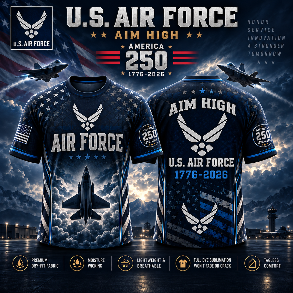 U.S. Air Force America 250 all-over-print shirt front and back